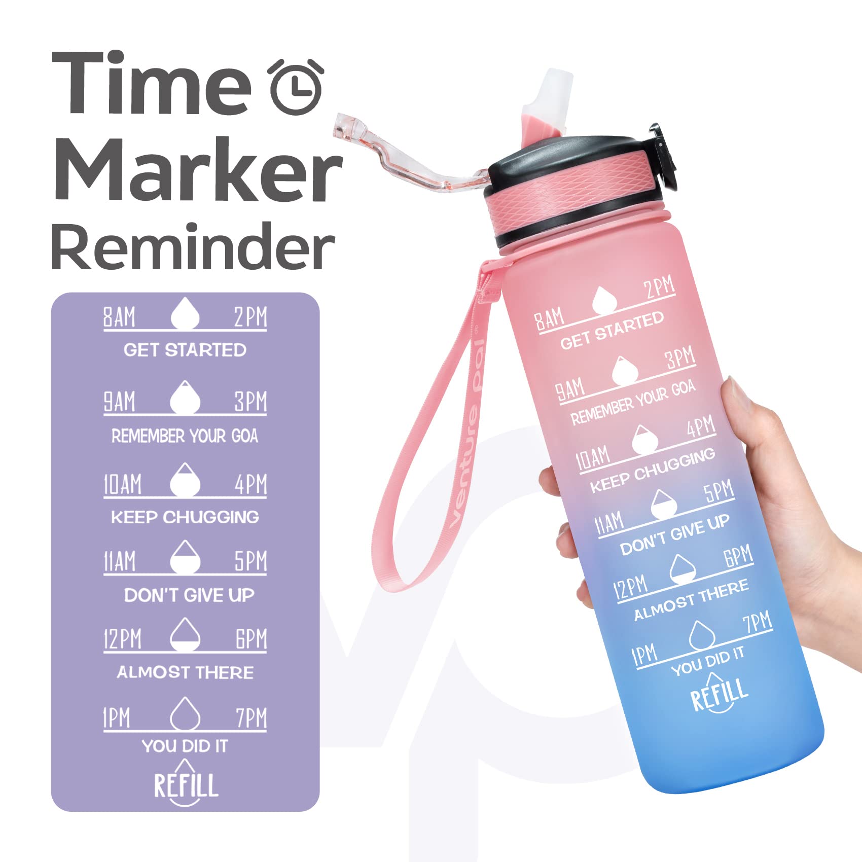 deevudi 32Oz Motivational Fitness Sports Water Bottle With Time Marker&Straw,Large Wide Mouth Leakproof Durable Bpa Free Non-Toxic-Ombre Green Purple (Plastic,Pack Of 1 Bottle),32 fluid_ounce